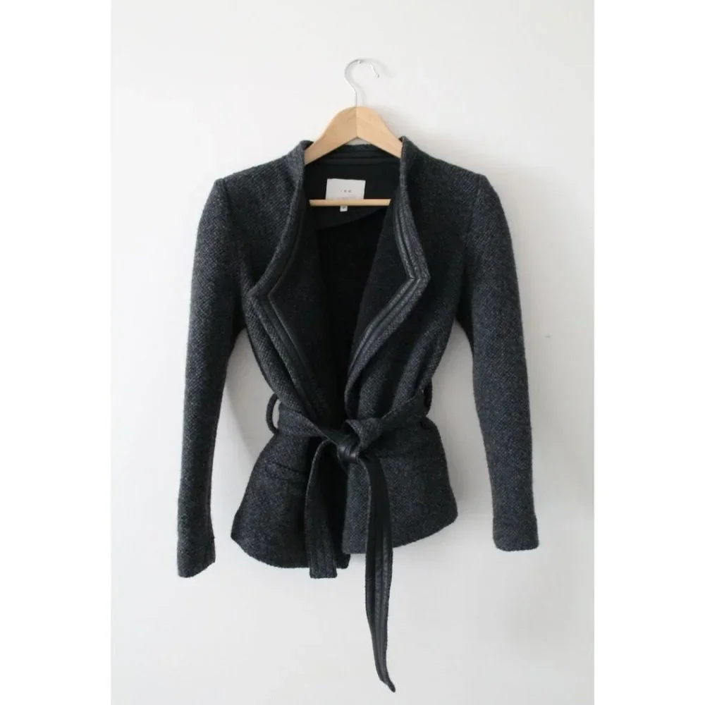 IRO Cooley Tweed Belted Jacket Grey Size 38 Medium Wool Lamb Leather Trim - Picture 3 of 8
